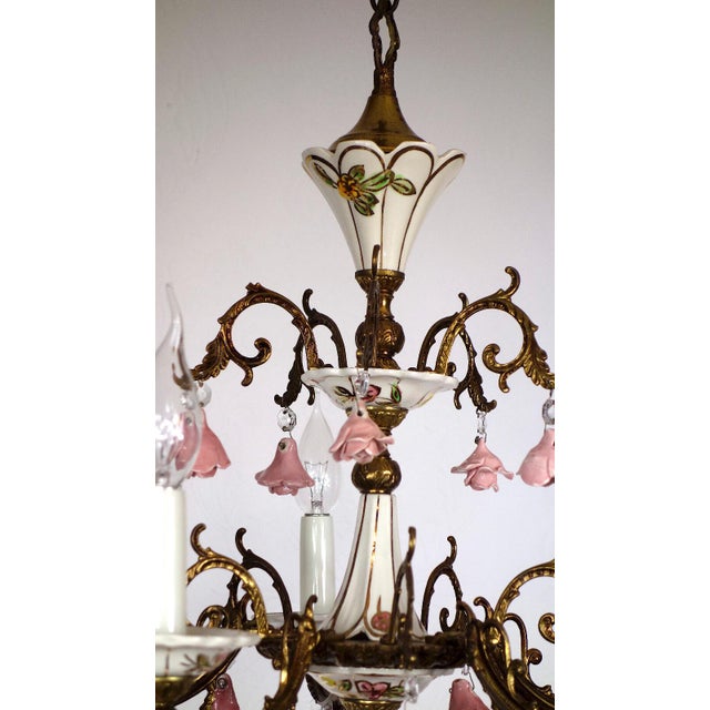 Brass and Porcelain 5-Light Chandelier by Peris Andreu, 1940s For Sale - Image 4 of 16