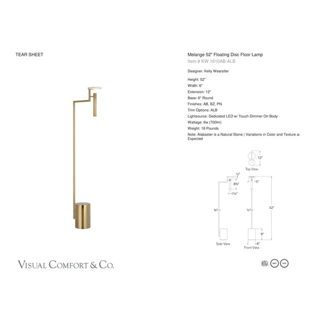 Kelly Wearstler by Visual Comfort Signature Melange 52" Floating Disc Floor Lamp in Antique-Burnished Brass with Alabaster...