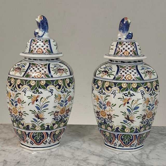 1900s Pair of Boch Frères Keramis Polychrome Lidded Urns For Sale - Image 9 of 18