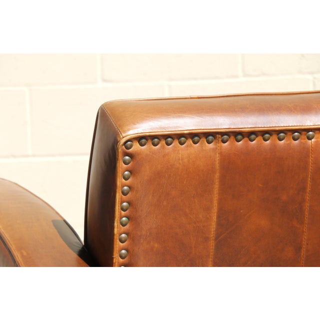 Vintage Pair Art Deco Revival Distressed Brown Leather Club Chairs & Ottomans, 1980s For Sale - Image 11 of 18