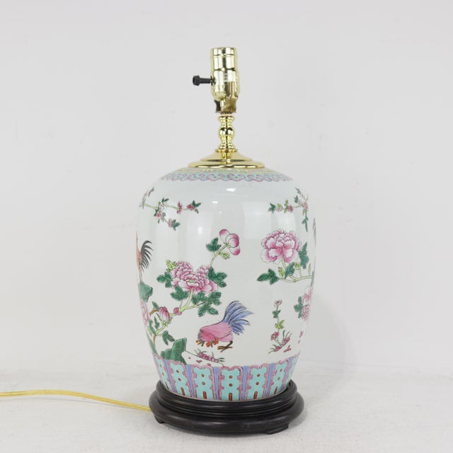 Chinese Antique Hand-Painted Porcelain Table Lamp With Roosters & Peonies For Sale - Image 3 of 10