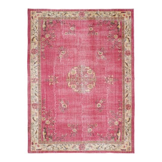 1970s Vintage Turkish Oushak Handmade Wool Cotton Pink Area Rug For Sale