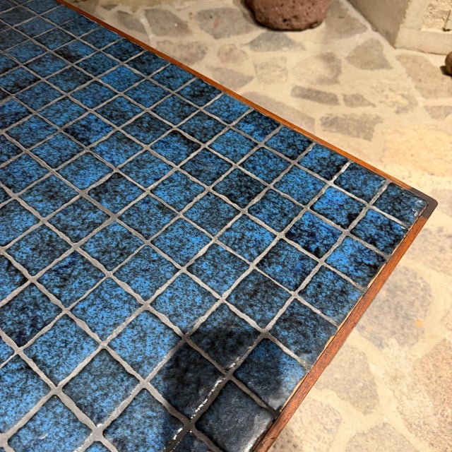 Wood Mid-Century Modern Danish Coffee Table Walnut & Blue Tile Top For Sale - Image 7 of 8