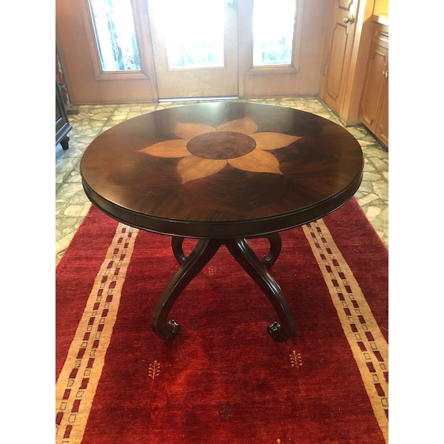 Stunning traditional inlaid mahogany round foyer pedestal table with scroll pedestal base will become a treasured...