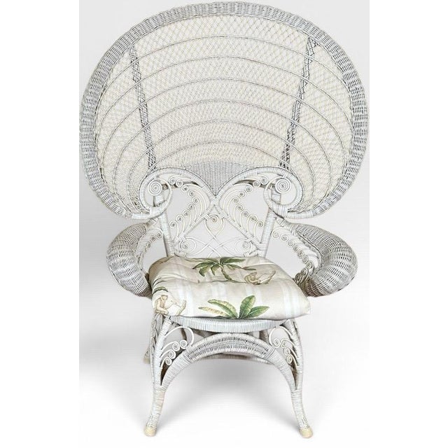 Mid 20th Century Vintage Boho Chic White Wicker Peacock Fan Back Chairs With Custom Cushions Pair For Sale - Image 5 of 16