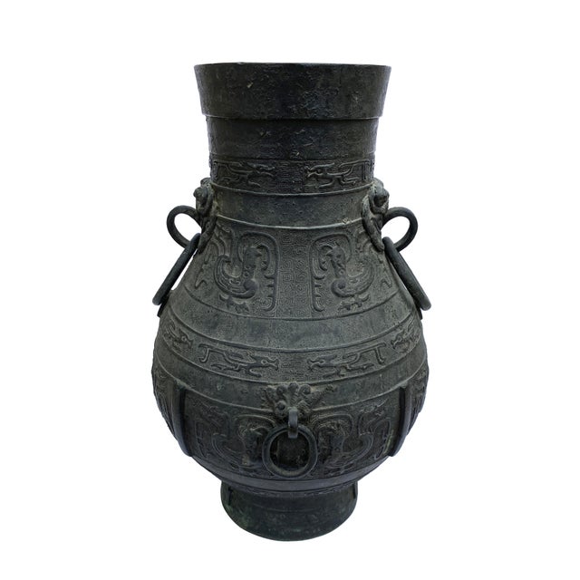 Traditional Antique Bronze Vessel With Classic Asian Motifs and Artists Stamp For Sale - Image 3 of 11