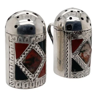 Antique Scottish Sterling Silver, Agate, & Enamel Pepperettes or Pepper Shakers For Sale