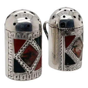 Antique Scottish Sterling Silver, Agate, & Enamel Pepperettes or Pepper Shakers
