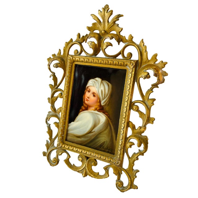 Victorian Antique 19th C. German Porcelain Plaque of Beatrice Cenci Signed C. Russhuldt, Gilt Rococo Frame For Sale - Image 3 of 12
