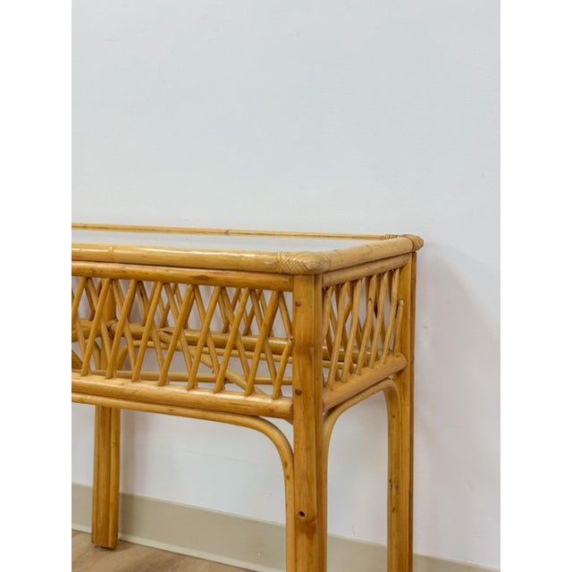 Vintage Coastal Wicker Rattan Console Table Woven Lattice Glass Top Beige Boho For Sale - Image 9 of 14