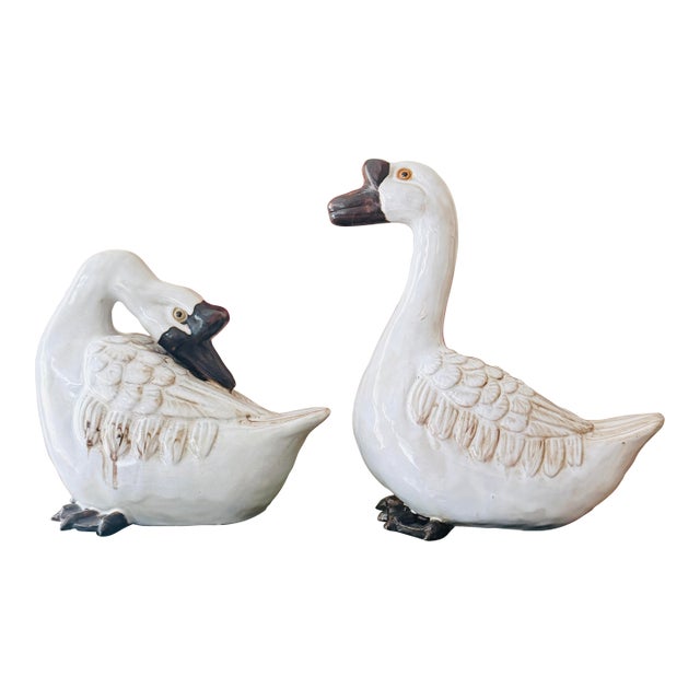 Vintage Wildwood Ceramic Geese in Sepia Cream Crackle Glaze Figurines - A Pair For Sale