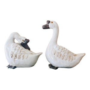 Vintage Wildwood Ceramic Geese in Sepia Cream Crackle Glaze Figurines - A Pair