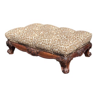 Antique Chippendale Mahogany Tufted Cheetah Velvet Footstool For Sale