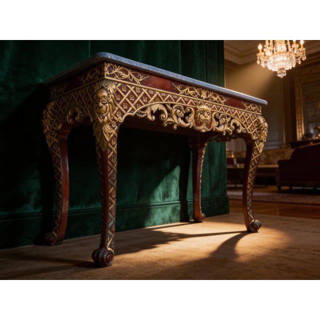 Late 20th Century Late 20th Century Italian Painted & Parcel-Gilt Marble Top Console Table With Mythical Mask Carvings, 48.5" For Sale - Image 5 of 6