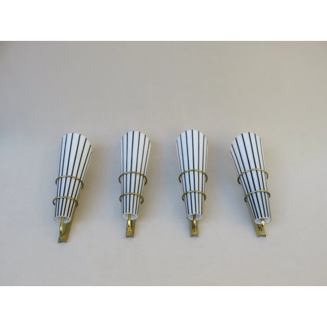 Mid-Century Modern Italian Black and White Striped Enamel Glass and Brass Sconces, 1950s, Set of 4 For Sale - Image 3 of 18