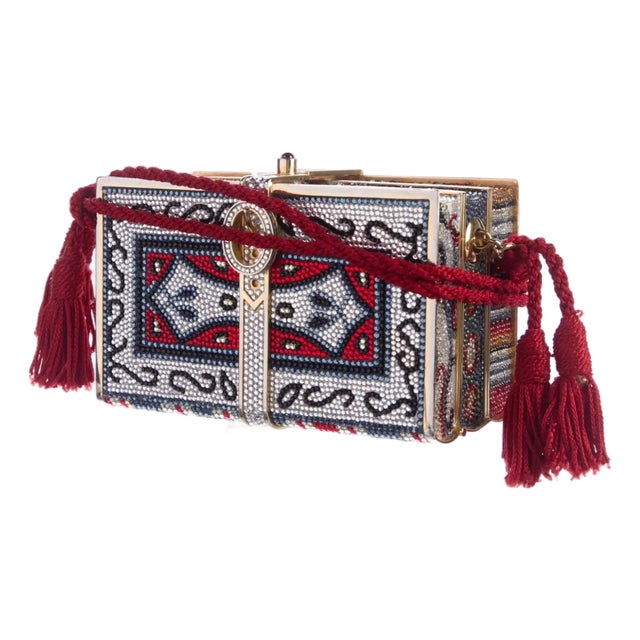 1988 Judith Leiber Crystal Evening Bag Minaudière Stack of Books Library Red Gold Tassel For Sale