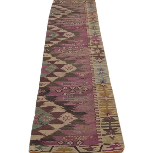 Traditional 1960s Vintage Kilim Handmade Light Blue Medallion Wool Runner For Sale - Image 3 of 7
