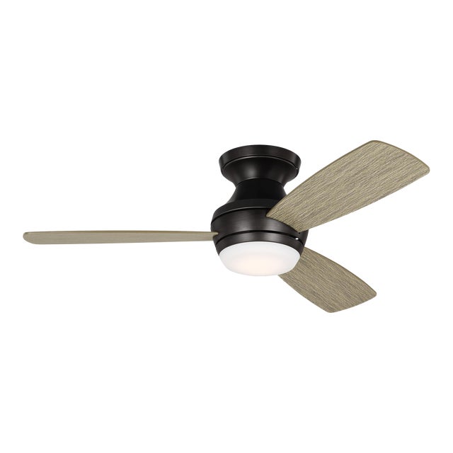 Visual Comfort Fan Ikon Hugger 44" LED Ceiling Fan in Aged Pewter and Light Grey Weathered Oak For Sale