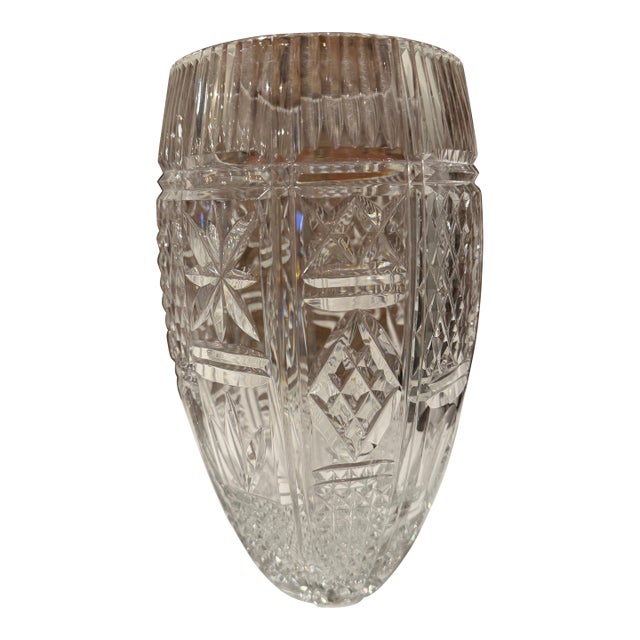 Late 20th Century Waterford Cut Crystal Tapered Vase With Diamond Panels, 11.5” For Sale