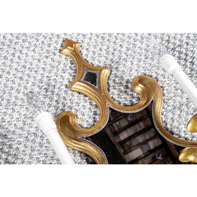 Mid 20th Century Vintage Ornate Gilt Mirrored Double Light Wall Sconces—A Pair For Sale - Image 5 of 9