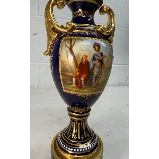 Antique Hand Painted Royal Vienna Porcelain Cobalt Gold Lidded Vase Mini Urn For Sale - Image 17 of 18