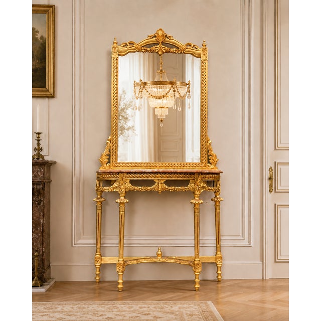 Wood 1950 French Louis XVI Gold Console Mirror Set - 2 Pc For Sale - Image 7 of 11