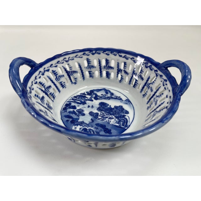 Vintage Chinese Porcelain Blue & White Handled Basket For Sale - Image 4 of 9