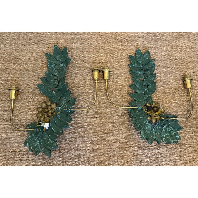 Green Bronze and Brass Sculptural Grape/Lemon Leaf Wall Sconces For Sale - Image 8 of 12