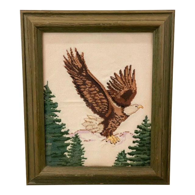 Flying Eagle and Evergreens Framed Textile Art Needlepoint Cross Stitch For Sale