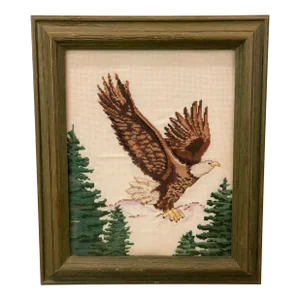 Flying Eagle and Evergreens Framed Textile Art Needlepoint Cross Stitch