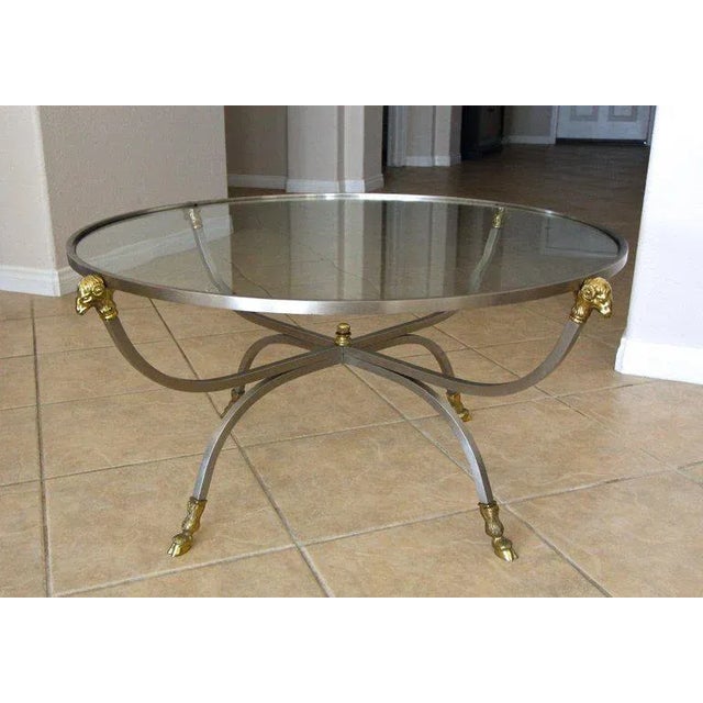 Italian 1960's Vintage Jansen Style Italian Brass Steel Round Coffee Table For Sale - Image 3 of 13