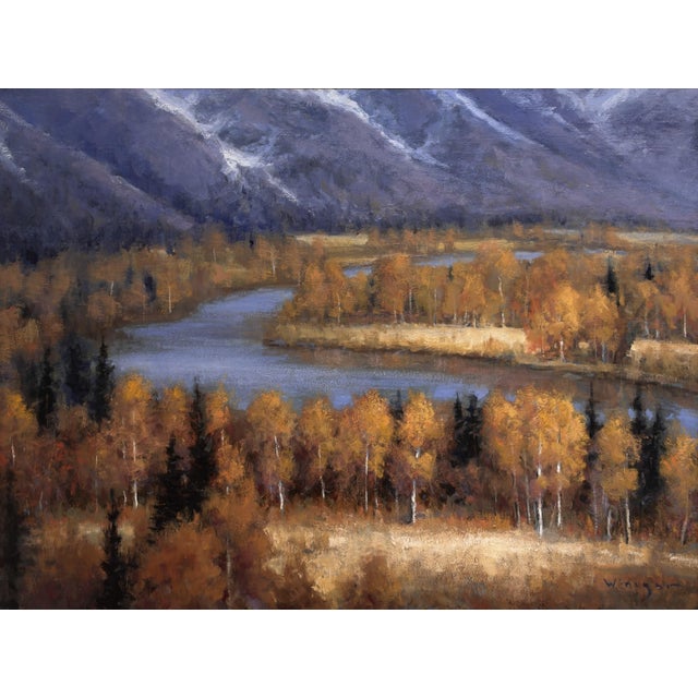 "Changing Colors" is an oil on panel landscape painting by Seth Winegar, completed in 2026. A river curves through a...