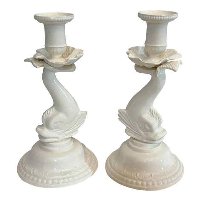 Vintage Porcelain Dolphin Candlesticks- A Pair For Sale