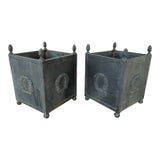 Neoclassical Metal Planters With Laurel Wreath Motif, Pair For Sale
