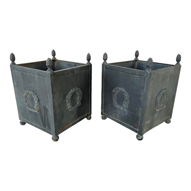 Neoclassical Metal Planters With Laurel Wreath Motif, Pair For Sale