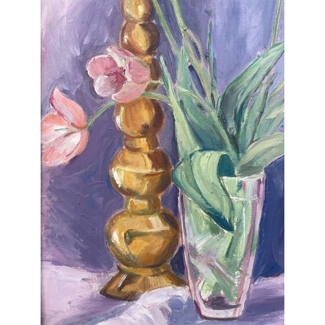 Late 20th Century Framed Still Life of Pink Tulips, Candle & Pear For Sale - Image 5 of 7