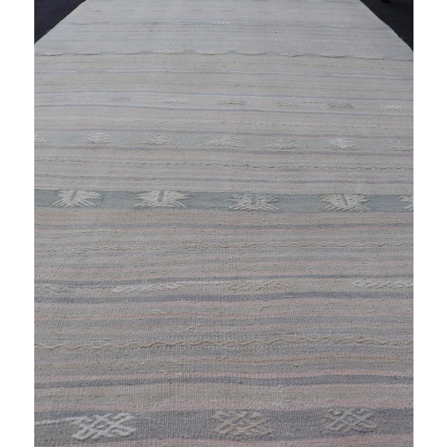 1950s Soft-Toned Vintage Turkish Kilim Gallery Runner With Subtle Pastel Stripes and Geometric Accents 4'10"x14'5" For Sale - Image 5 of 10