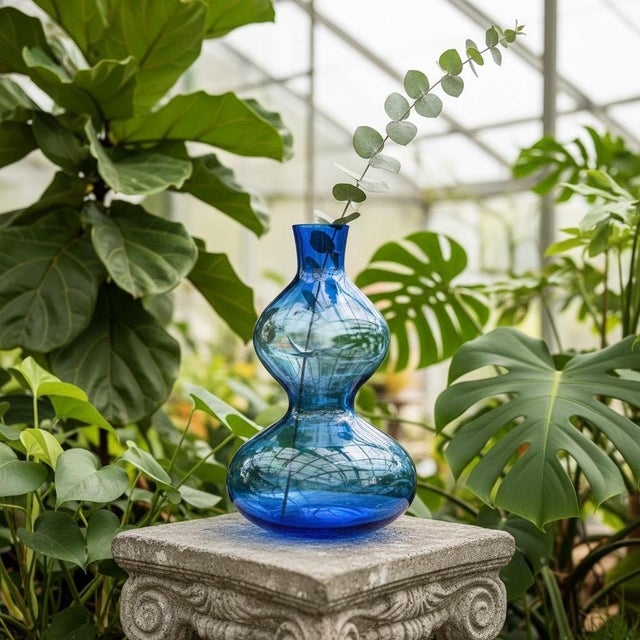 Vintage Hand Blown Blue Studio Art Glass Vase-Translucent-Double Gourd-Bottle For Sale - Image 4 of 9