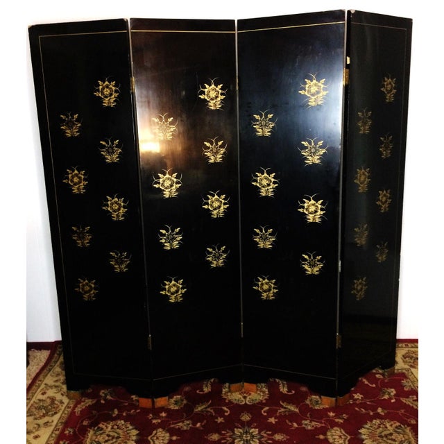 Vintage Chinese Carved Stone Jade Lacquer 4 Panel Dressing Screen Room