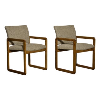Pair Oak Sled or Loop Base Armchairs in Original Nubby Oatmeal Tweed, 1970s For Sale