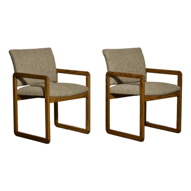 Pair Oak Sled or Loop Base Armchairs in Original Nubby Oatmeal Tweed, 1970s For Sale