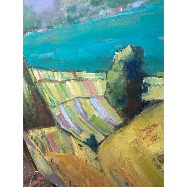 “Carquinez Revisited” is a vibrant and expansive landscape painting that uses color and texture to create a sense of...