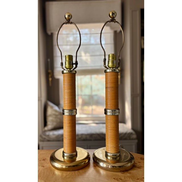 Wood 1970s Mid-Century Modern Pencil Reed and Brass Lamps After Gabriella Crespi - a Pair For Sale - Image 7 of 7