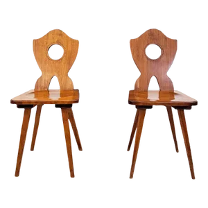 1960s Pair of Mid Century Swiss Handmade Farmhouse Carved Dining Chairs, Switzerland-- 2 Pieces