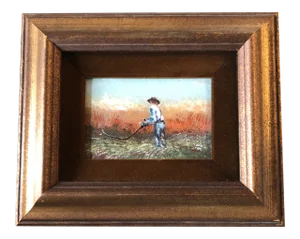 Vintage Enamel on Copper Small Painting Man Reaping Wheat