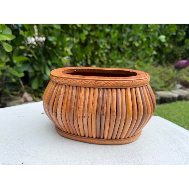 Contemporary Vintage Rattan Cachepot With Decorative Wood Trim For Sale - Image 3 of 12