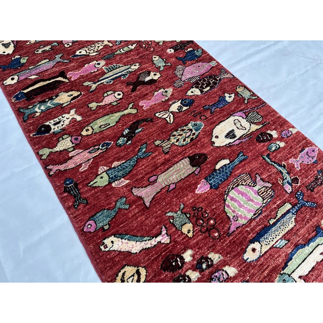 Hand-Knotted Pictorial Fish Runner on Red Ground, 2'8" X 8'0" For Sale - Image 4 of 9
