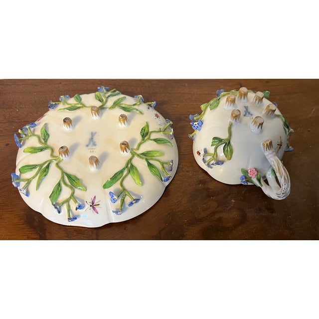 Blue Antique Meissen Porcelain Tea Cup and Saucer With Applied Flowers and Hand Painted Insects For Sale - Image 8 of 12