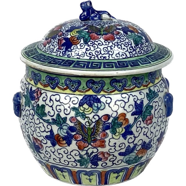 Ceramic Famille Rose Butterfly Rice Jar With Foo Dog Lid For Sale - Image 7 of 7