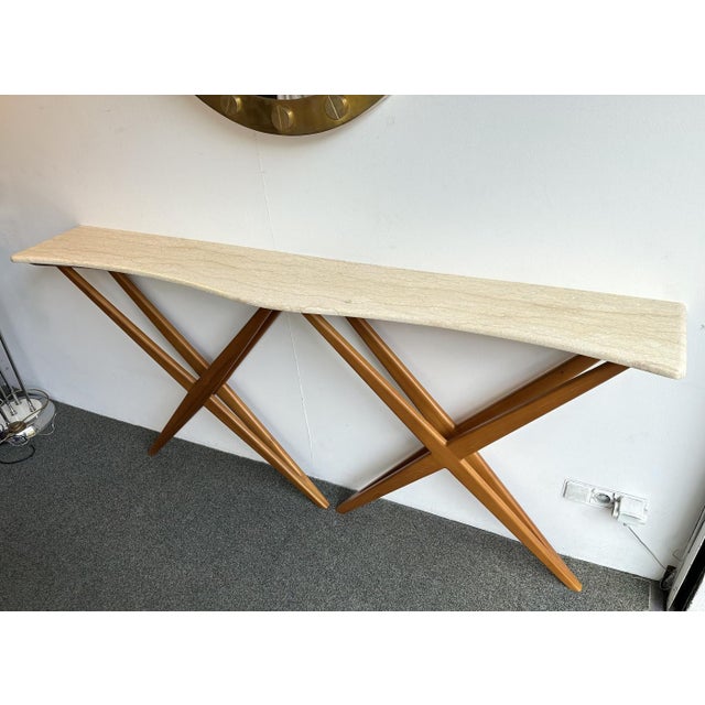 Brown Wood and Marble Wave Console Table. Italy For Sale - Image 8 of 10